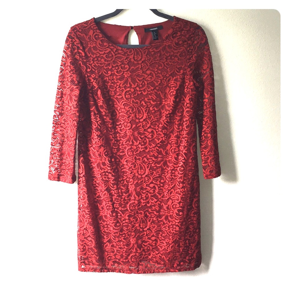 Red Long-sleeve Lace Dress